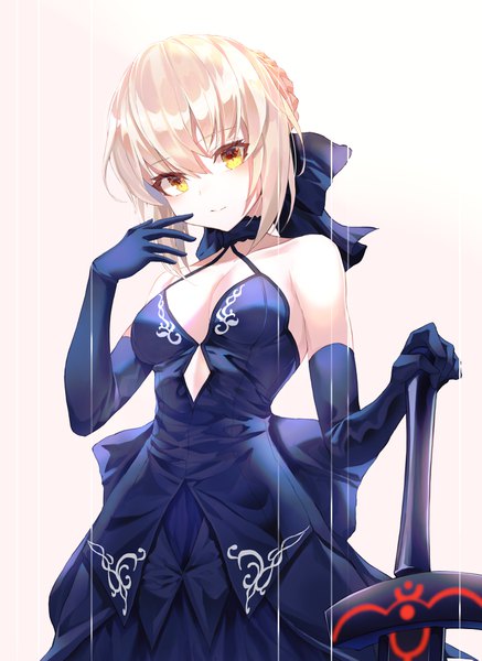 Anime picture 2778x3807 with fate (series) fate/grand order artoria pendragon (all) saber alter minin982 single tall image looking at viewer blush fringe highres short hair breasts simple background blonde hair hair between eyes bare shoulders holding yellow eyes payot