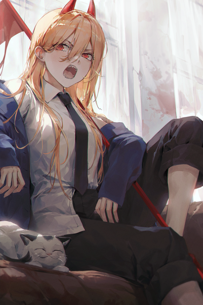 Anime picture 1641x2454 with chainsaw man mappa power (chainsaw man) kellymonica02 single long hair tall image looking at viewer fringe open mouth blonde hair hair between eyes red eyes sitting bent knee (knees) indoors long sleeves horn (horns) off shoulder open jacket