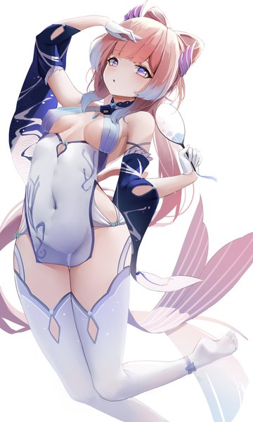 Anime picture 3000x5000 with genshin impact sangonomiya kokomi berserker r single long hair tall image looking at viewer blush fringe highres breasts light erotic simple background large breasts white background purple eyes bare shoulders holding payot pink hair