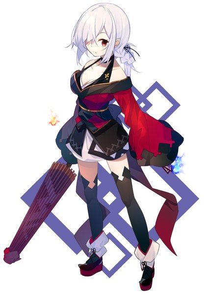 Anime picture 1000x1402 with original benio (dontsugel) single long hair tall image looking at viewer fringe simple background red eyes standing white background holding payot silver hair full body braid (braids) traditional clothes japanese clothes from above pointy ears