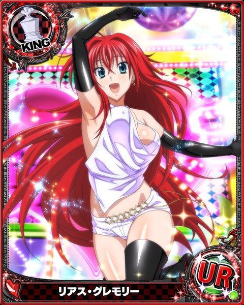 Anime picture 640x800 with highschool dxd rias gremory single tall image looking at viewer breasts blue eyes light erotic large breasts red hair very long hair card (medium) girl thighhighs gloves black thighhighs black gloves elbow gloves shorts short shorts