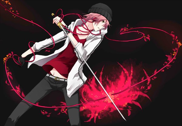Anime picture 1500x1042 with vocaloid vy2 66 (roro) tagme (artist) single highres short hair open mouth yellow eyes pink hair open clothes open jacket boy gloves weapon sword headphones katana cap