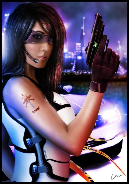 Anime picture 1500x2143 with original gerald jelitto long hair tall image black hair lips black eyes realistic tattoo night sky city light girl gloves gun ground vehicle goggles pistol car