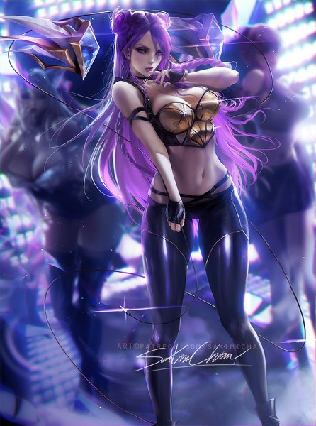 Anime picture 892x1200 with league of legends k/da (league of legends) ahri (league of legends) evelynn (league of legends) k/da ahri k/da evelynn kai'sa k/da kai'sa sakimichan long hair tall image looking at viewer fringe breasts light erotic hair between eyes large breasts standing purple eyes multiple girls