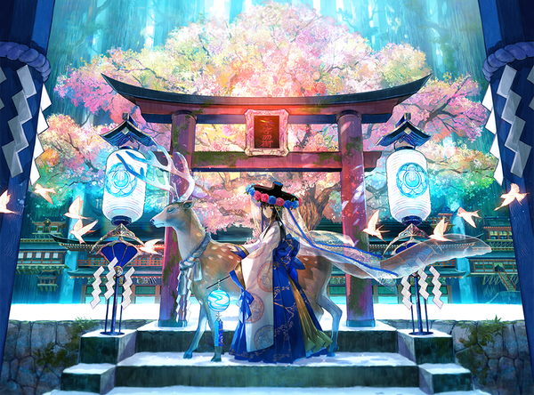 Anime picture 1000x741 with original fuzichoco single long hair looking at viewer blue eyes black hair holding payot full body traditional clothes japanese clothes wide sleeves cherry blossoms snow fantasy scenic architecture east asian architecture girl