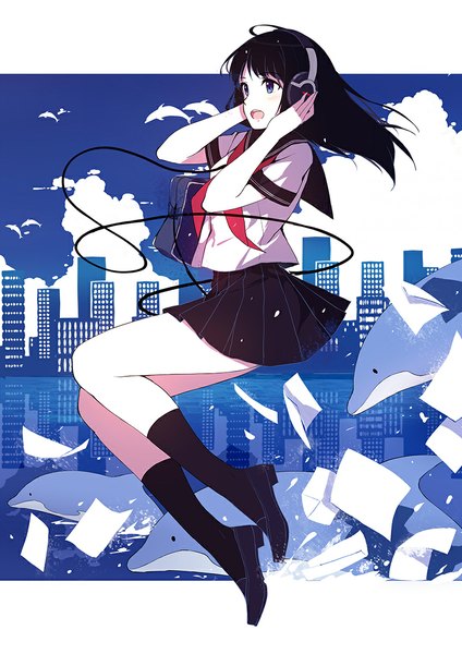 Anime picture 800x1131 with original caidychen single long hair tall image blush open mouth blue eyes black hair looking away city pale skin jumping hand on headphones girl skirt uniform miniskirt animal socks