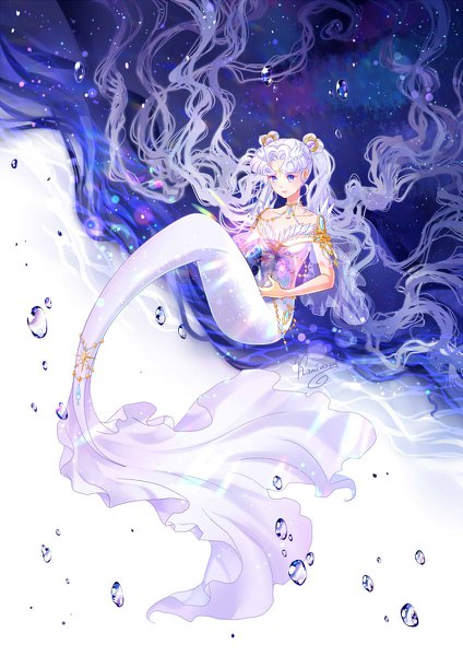 Anime picture 848x1200 with bishoujo senshi sailor moon toei animation sailor cosmos kaminary single tall image purple eyes twintails holding signed silver hair full body very long hair head tilt hair bun (hair buns) floating hair wavy hair monster girl forehead mark monsterification