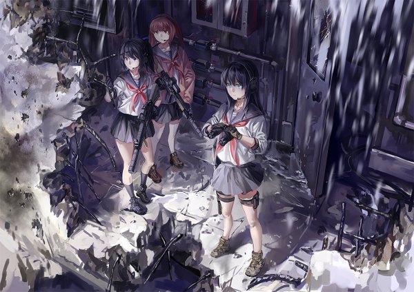 Anime picture 1414x1000 with original rff (3 percent) long hair short hair blue eyes black hair brown hair multiple girls brown eyes looking away destruction girl thighhighs skirt gloves uniform weapon miniskirt white thighhighs socks