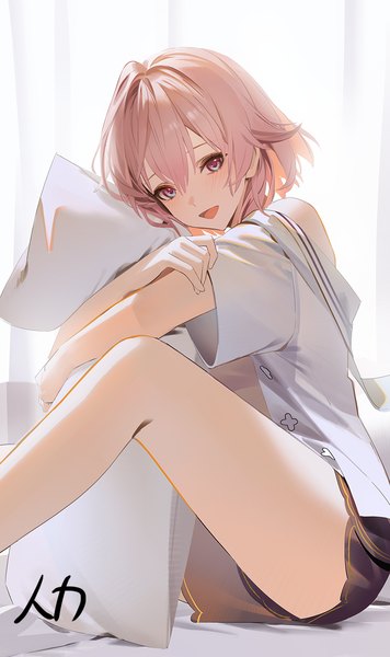 Anime picture 800x1348 with honkai: star rail honkai (series) march 7th (honkai: star rail) renlili single tall image fringe short hair open mouth hair between eyes sitting signed pink hair indoors :d bare legs multicolored eyes pillow hug girl shorts