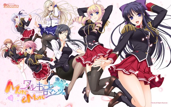 Anime picture 1920x1200 with walkure romanze celia kumani entory noel marres ascot lisa eostre kisaki mio ryuuzouji akane bertille althusser hiiragi ayako long hair blush highres short hair open mouth blue eyes black hair blonde hair smile brown hair wide image twintails