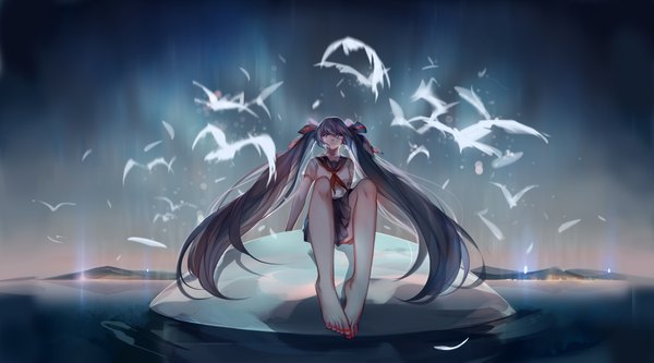 Anime picture 4200x2333 with vocaloid hatsune miku holmesa single highres blue eyes wide image sitting twintails blue hair looking away absurdres sky bent knee (knees) very long hair nail polish bare legs tears crying girl