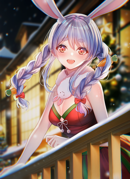 Anime picture 1272x1750 with virtual youtuber hololive usada pekora don-chan (usada pekora) shirase rin single long hair tall image looking at viewer open mouth red eyes animal ears blue hair cleavage braid (braids) :d multicolored hair two-tone hair bunny ears twin braids