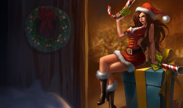 Anime picture 1215x717 with league of legends miss fortune (league of legends) single long hair fringe blue eyes brown hair wide image hair over one eye christmas new year merry christmas pirate girl bow weapon belt gun fur suit