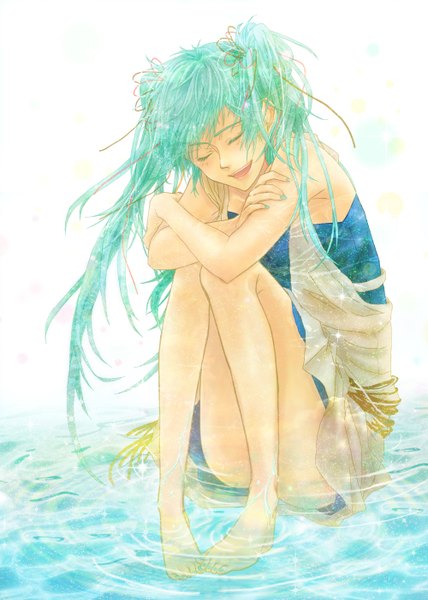 Anime picture 1000x1400 with vocaloid hatsune miku iban single long hair tall image blush open mouth white background twintails eyes closed nail polish barefoot aqua hair partially submerged crossed arms girl water