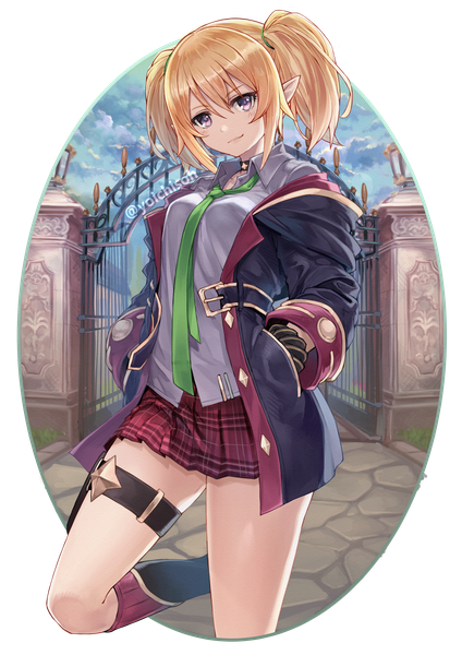 Anime picture 1236x1748 with princess connect! chloe (princess connect!) itou youichi single tall image fringe short hair blonde hair hair between eyes purple eyes twintails signed outdoors pleated skirt pointy ears twitter username plaid skirt transparent background outside border hands in pockets