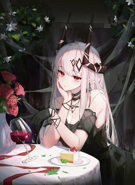 Anime picture 1461x2000 with arknights mudrock (arknights) mudrock (obsidian) (arknights) leria v single long hair tall image looking at viewer fringe breasts red eyes standing white hair blunt bangs horn (horns) pointy ears official alternate costume head rest girl dress