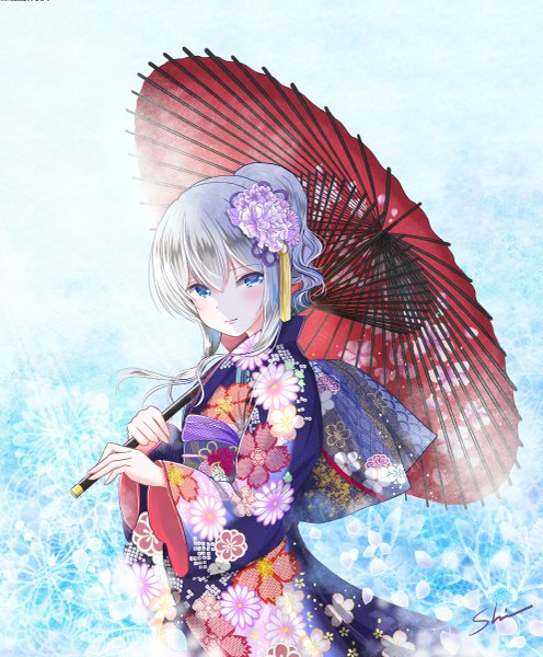 Anime picture 993x1200 with kantai collection kashima training cruiser shino (shinderera) single long hair tall image looking at viewer blush fringe blue eyes hair between eyes signed payot silver hair ponytail traditional clothes japanese clothes hair flower alternate costume floral print