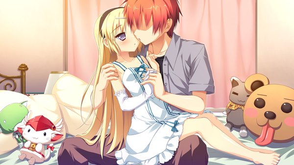 Anime picture 1280x720 with naka no hito nado inai amamoto rui nimura yuuji long hair blush short hair blonde hair wide image purple eyes game cg red hair couple girl boy hairband toy stuffed animal sundress single glove