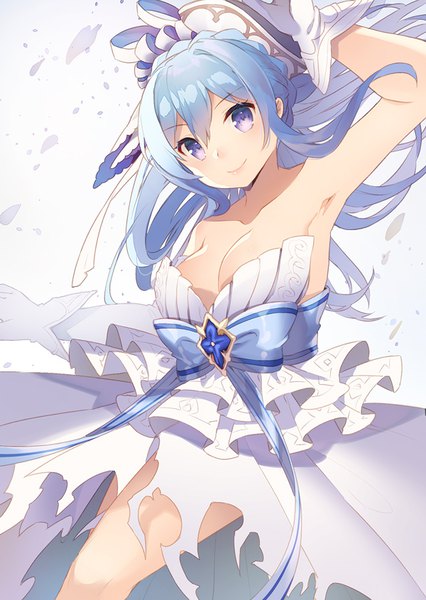 Anime picture 600x845 with granblue fantasy therese (granblue fantasy) shiyun single long hair tall image looking at viewer fringe breasts light erotic smile hair between eyes purple eyes blue hair cleavage arm up armpit (armpits) torn clothes girl dress