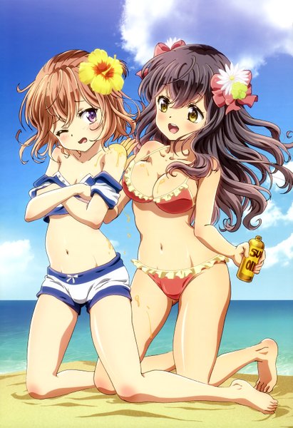 Anime picture 4090x5967 with kanojo ga flag o oraretara nyantype mahougasawa akane touzokuyama megumu long hair tall image blush highres short hair breasts open mouth light erotic black hair brown hair purple eyes multiple girls yellow eyes absurdres sky cloud (clouds)