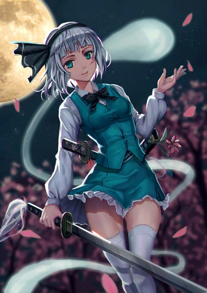 Anime picture 701x991 with touhou konpaku youmu myon soulkiller (brz) single tall image looking at viewer short hair holding green eyes silver hair wind night zettai ryouiki cherry blossoms girl thighhighs skirt ribbon (ribbons) weapon