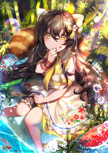 Anime picture 1748x2480 with qurare: magic library liza (qurare) kyjsogom single long hair tall image looking at viewer fringe highres black hair hair between eyes sitting signed animal ears yellow eyes tail animal tail short sleeves lens flare floral print