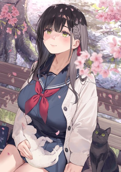 Anime picture 1828x2594 with original arl single long hair tall image blush fringe highres breasts black hair smile sitting green eyes outdoors blunt bangs braid (braids) long sleeves from above blurry open clothes