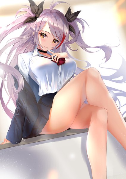 Anime picture 884x1250 with azur lane prinz eugen (azur lane) yk (pixiv43531291) single long hair tall image looking at viewer blush breasts light erotic smile large breasts sitting yellow eyes payot silver hair ahoge bent knee (knees) long sleeves head tilt