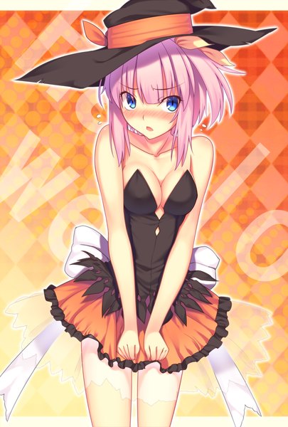 Anime picture 675x1000 with original kaiza (rider000) single tall image looking at viewer blush short hair breasts blue eyes light erotic pink hair halloween girl dress hat witch hat
