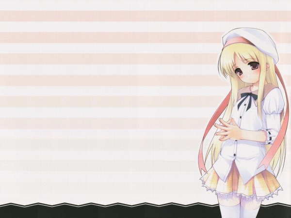 Anime picture 1280x960 with ooji (artist) long hair blush blonde hair brown eyes wallpaper striped striped background girl thighhighs uniform ribbon (ribbons) school uniform white thighhighs beret