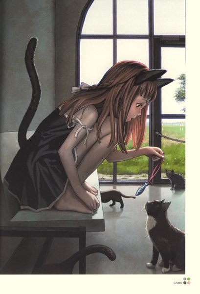 Anime picture 2387x3502 with original futurelog (artbook) range murata single long hair tall image highres open mouth brown hair sitting bare shoulders brown eyes animal ears tail animal tail profile barefoot cat ears scan cat girl