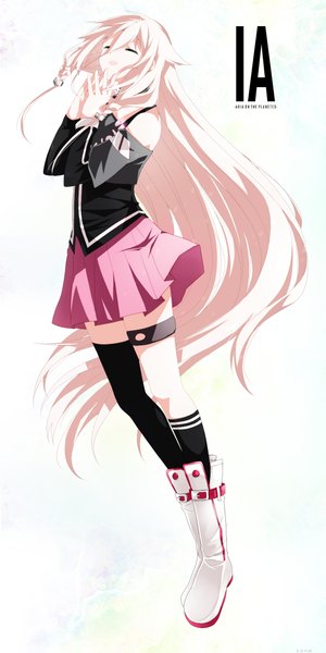 Anime picture 1100x2200 with vocaloid ia (vocaloid) pu (artist) single long hair tall image open mouth simple background blonde hair white background braid (braids) eyes closed twin braids girl thighhighs skirt black thighhighs miniskirt boots pink skirt