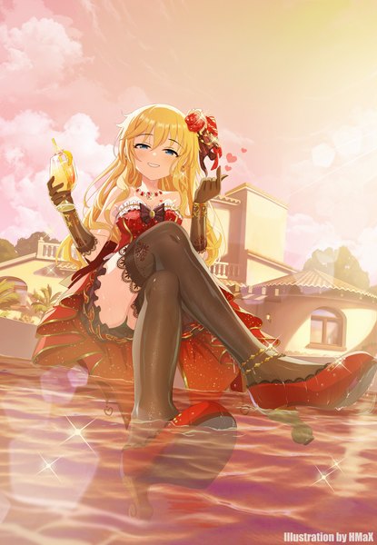Anime picture 2500x3611 with idolmaster idolmaster cinderella girls ootsuki yui hmax single long hair tall image looking at viewer fringe highres breasts blue eyes light erotic blonde hair smile hair between eyes sitting bare shoulders holding signed