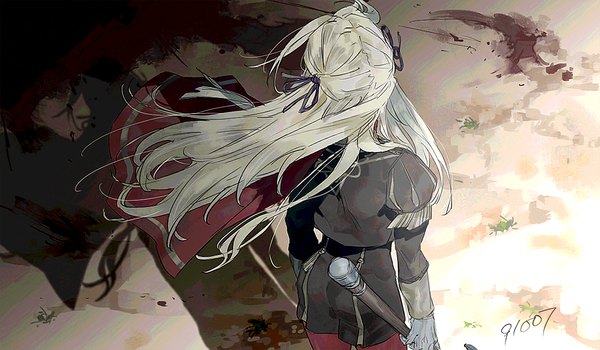Anime-Bild 1200x700 mit fire emblem fire emblem: three houses nintendo edelgard von hresvelg 91007 single long hair wide image standing signed silver hair long sleeves from above from behind floating hair girl gloves uniform ribbon (ribbons) hair ribbon