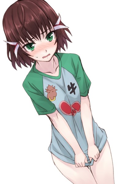 Anime picture 850x1200 with kakumeiki valvrave sunrise (studio) sashinami shouko matsuryuu single tall image blush short hair simple background brown hair white background green eyes embarrassed covering clothes writing bottomless naked shirt covering crotch raglan sleeves girl