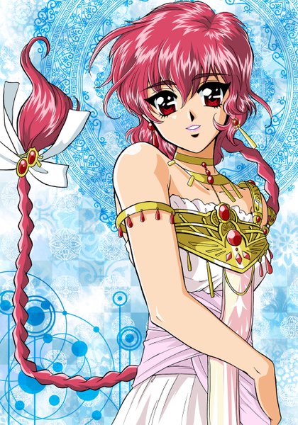 Anime picture 1000x1427 with magic knight rayearth clamp shidou hikaru single tall image looking at viewer smile red eyes pink hair red hair braid (braids) hand on hip lipstick blue background hands behind back girl dress earrings jewelry