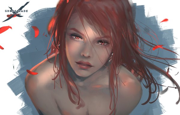 Anime picture 1280x820 with ghost blade lenia wlop single long hair looking at viewer light erotic red eyes bare shoulders red hair parted lips girl petals
