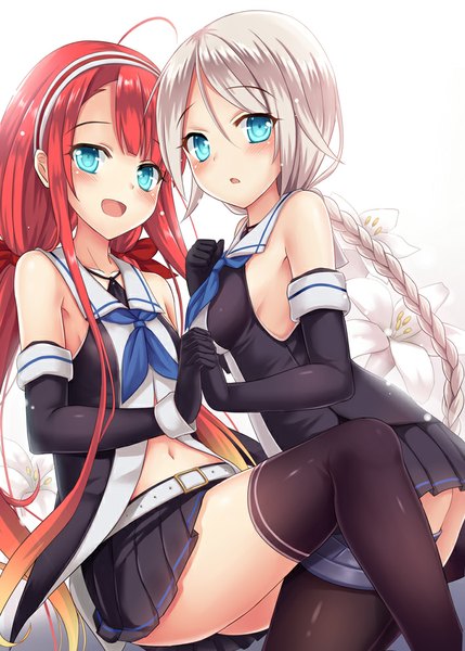 Anime picture 709x992 with kantai collection umikaze (kantai collection) kawakaze (kantai collection) shimokirin long hair tall image blush fringe open mouth blue eyes light erotic blonde hair standing sitting bare shoulders multiple girls silver hair ahoge bent knee (knees) red hair