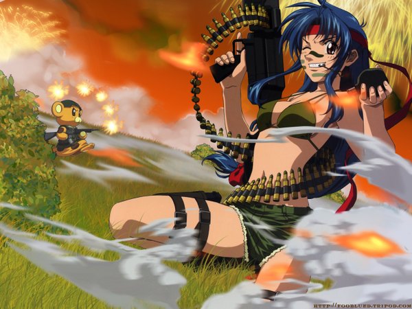 Anime picture 1280x960 with full metal panic! gonzo chidori kaname bonta-kun blue hair girl shorts hairband gun pistol grenade