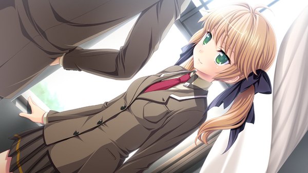 Anime picture 1280x720 with hatsukoi sacrament blonde hair wide image twintails green eyes game cg girl serafuku