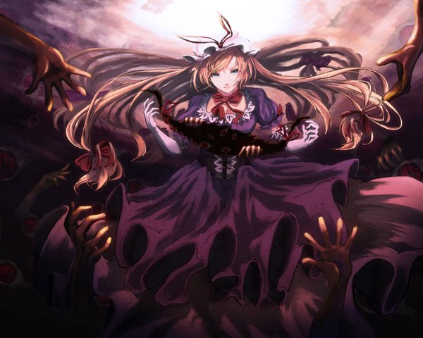 Anime picture 3000x2400 with touhou yakumo yukari motida (artist) single long hair looking at viewer highres blue eyes blonde hair eyes girl dress gloves bow hair bow elbow gloves bonnet hands