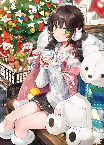 Anime picture 600x841 with original bosack single long hair tall image blush fringe black hair smile hair between eyes sitting green eyes ahoge braid (braids) from above twin braids christmas clothes on shoulders girl skirt