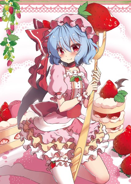 Anime picture 1275x1789 with touhou remilia scarlet beni kurage single tall image looking at viewer fringe short hair blue eyes smile hair between eyes red eyes fang (fangs) no shoes puffy sleeves kneeling minigirl girl thighhighs dress