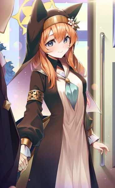 Anime picture 2430x3948 with blue archive mari (blue archive) netisz long hair tall image looking at viewer fringe highres blue eyes hair between eyes orange hair holding hands solo focus nun girl halo habit