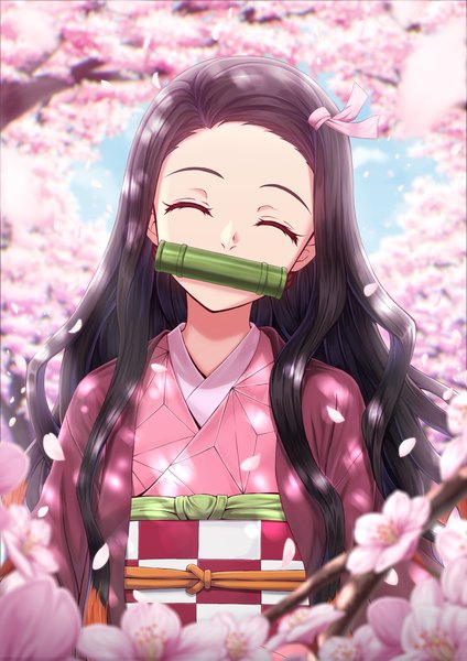 Anime picture 2893x4092 with kimetsu no yaiba ufotable kamado nezuko nonoa-cg single long hair tall image highres black hair upper body outdoors eyes closed traditional clothes japanese clothes cherry blossoms ^ ^ girl flower (flowers) ribbon (ribbons) hair ribbon
