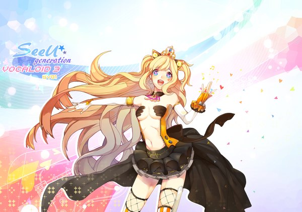 Anime picture 1700x1200 with vocaloid seeu kakon single looking at viewer breasts open mouth blue eyes light erotic blonde hair animal ears very long hair two side up character names symbol-shaped pupils girl thighhighs skirt gloves miniskirt