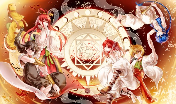Anime picture 1000x591 with magi the labyrinth of magic a-1 pictures tagme (character) morgiana judal aladdin (magi) ali baba saluja instockee long hair short hair open mouth blue eyes black hair blonde hair smile red eyes brown hair wide image yellow eyes blue hair