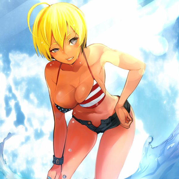 Anime picture 1000x1000 with shokugeki no soma j.c. staff mito ikumi settyaro single looking at viewer blush short hair breasts light erotic blonde hair cloud (clouds) ahoge grey eyes girl navel swimsuit bikini water shorts