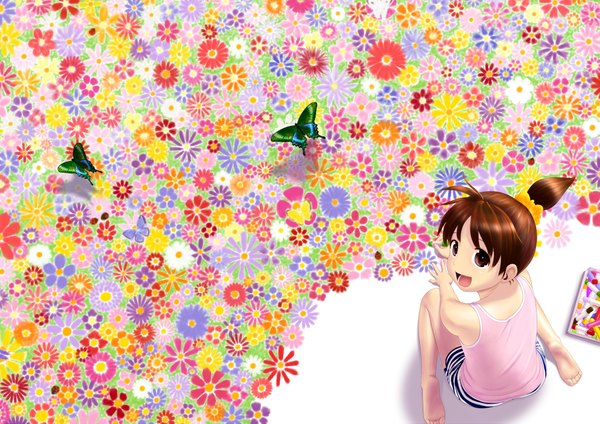 Anime picture 2046x1447 with original oekaki musume (qpixiv) single highres smile brown hair brown eyes ponytail girl flower (flowers) insect butterfly child (children)