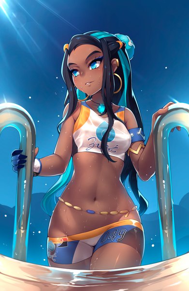 Anime picture 6750x10350 with pokemon pokemon (game) pokemon swsh nintendo nessa (pokemon) ricegnat single long hair tall image highres breasts blue eyes light erotic black hair standing bare shoulders looking away absurdres sky outdoors